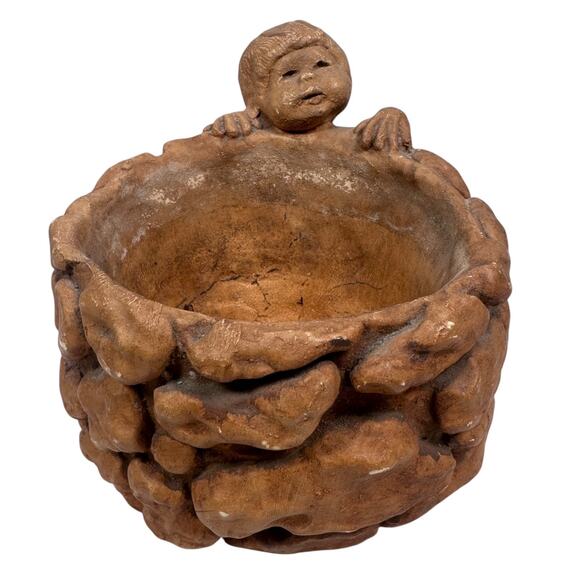 Vintage Dave Grossman Pottery Boy Planter 5.5" Brown Textured Sculpture Figural - Picture 2 of 12